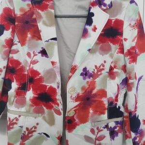 Elie Tahari Watercolor Floral Blazer Jacket in Red, Purple & Mint